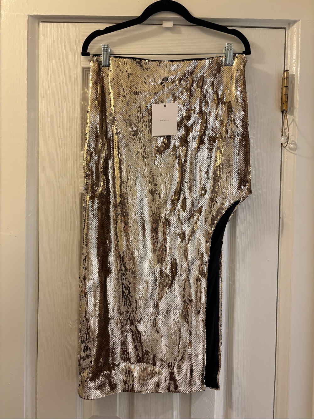 L'Academie Champagne Sequin Asymmetric Midi Skirt